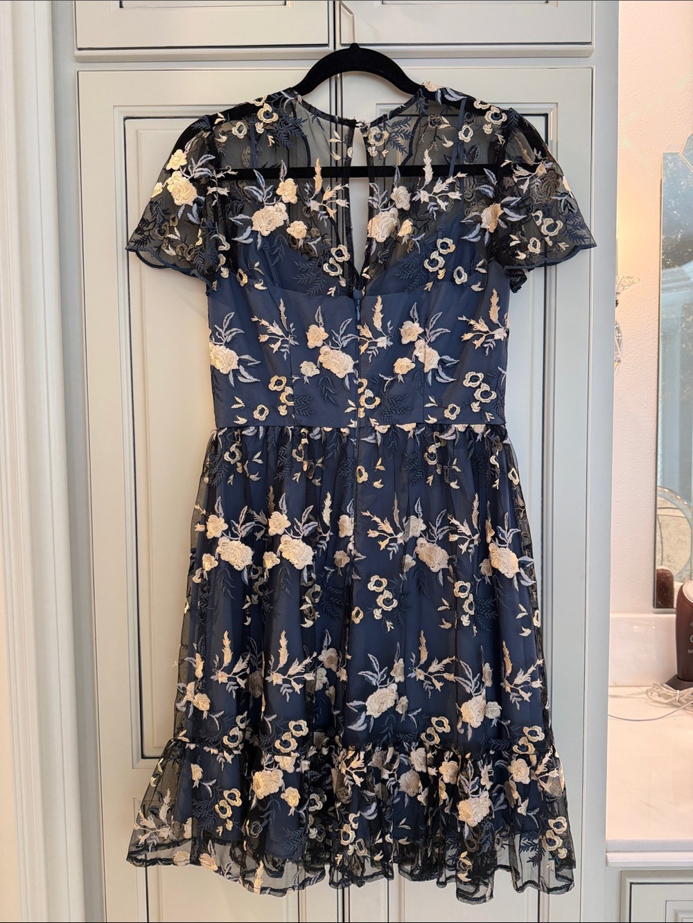 Gal Meets Glam Navy Dress with Cream Floral Embroidery - - Picture 3 of 6